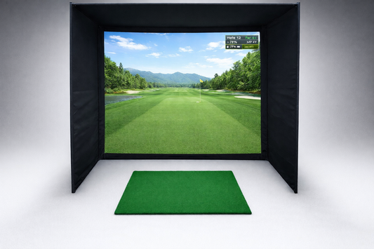 Impact Sports golf simulator setup with enclosure and impact screen
