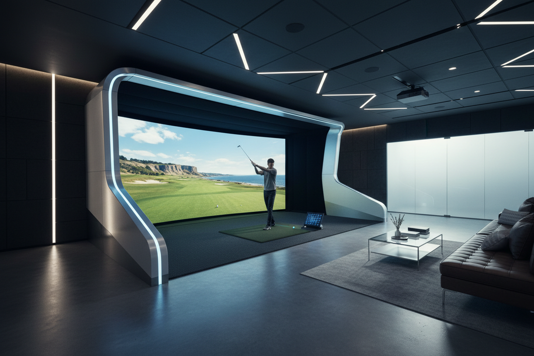 Futuristic indoor golf simulator room with golfer mid-swing and large impact screen