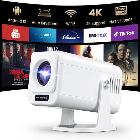 [Built-In Apps ] Mini 4K Projector with Wifi and Bluetooth, Native 1080P Smart Portable Movie Projector with 270°Rotatable Stand, Android 13 OS, Auto Keystone, Support Big Screen for Home Bedroom