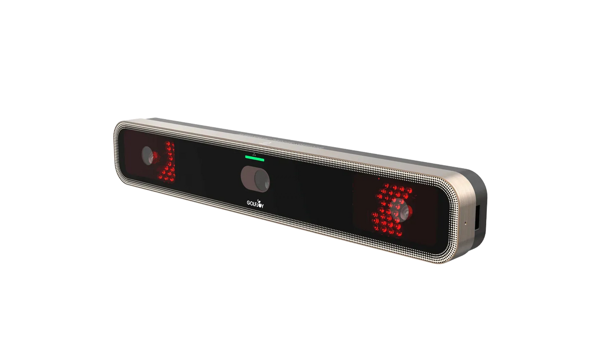 GOLFJOY Rigel 3 Golf Launch Monitor showing digital display of swing data and performance metrics on a golf course.