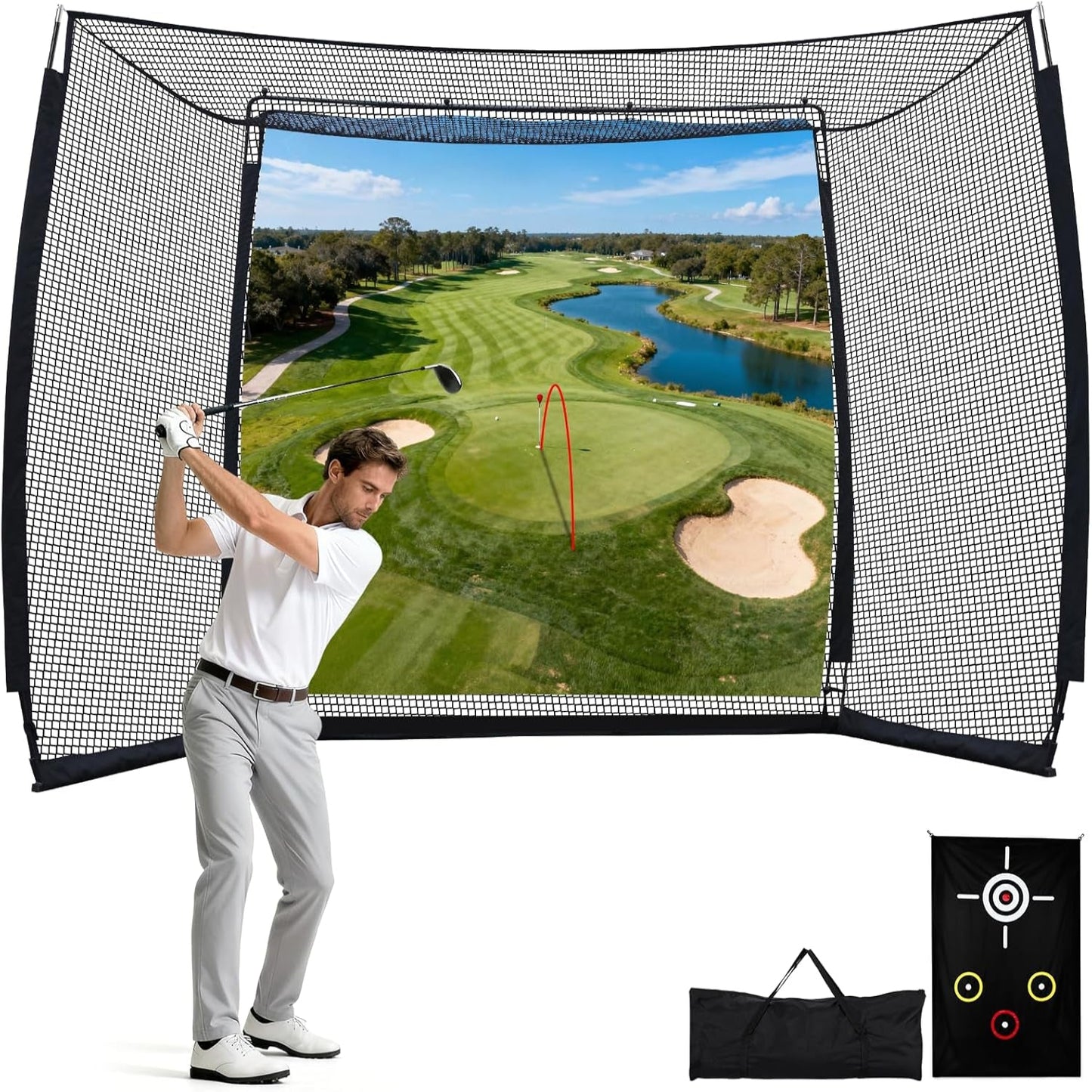 Golf Net with Simulator Impact Screen and Target Cloth, 10X8Ft Golf Practice Net for Backyard, Portable Heavy Duty Golf Hitting Net for Outdoor Indoor