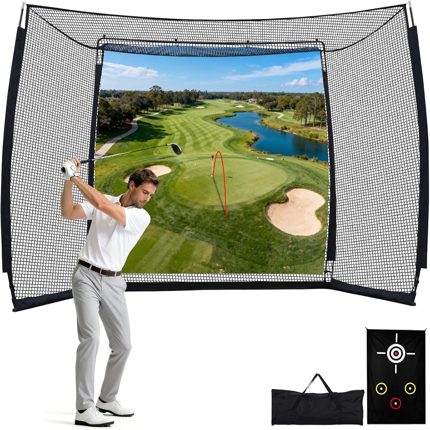 Golf Net with Simulator Impact Screen and Target Cloth, 10X8Ft Golf Practice Net for Backyard, Portable Heavy Duty Golf Hitting Net for Outdoor Indoor