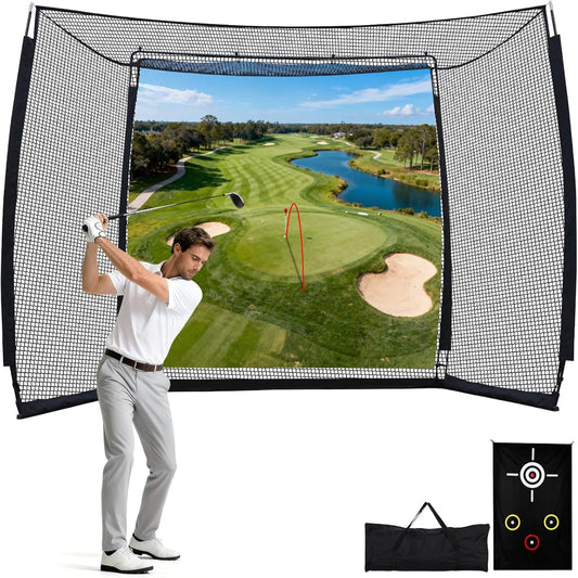 Golf Net with Simulator Impact Screen and Target Cloth, 10X8Ft Golf Practice Net for Backyard, Portable Heavy Duty Golf Hitting Net for Outdoor Indoor