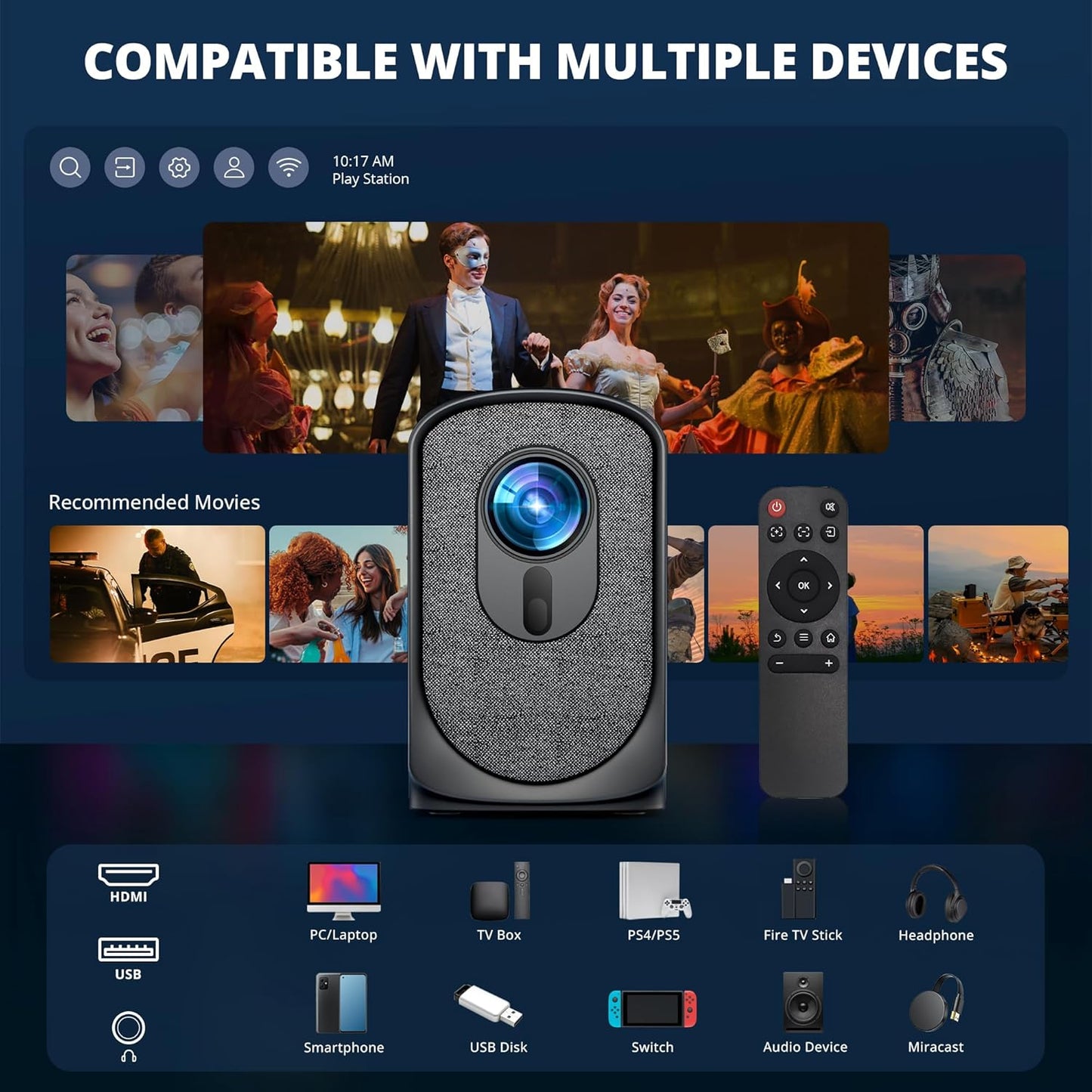 Wireless Mini Projector with Wifi and Bluetooth 5G, Portable Projector Support 4K Movie Video Projection, Electric Focus 350ANSI Phone Projector Home and Outdoor Cinema with HDMI Cable