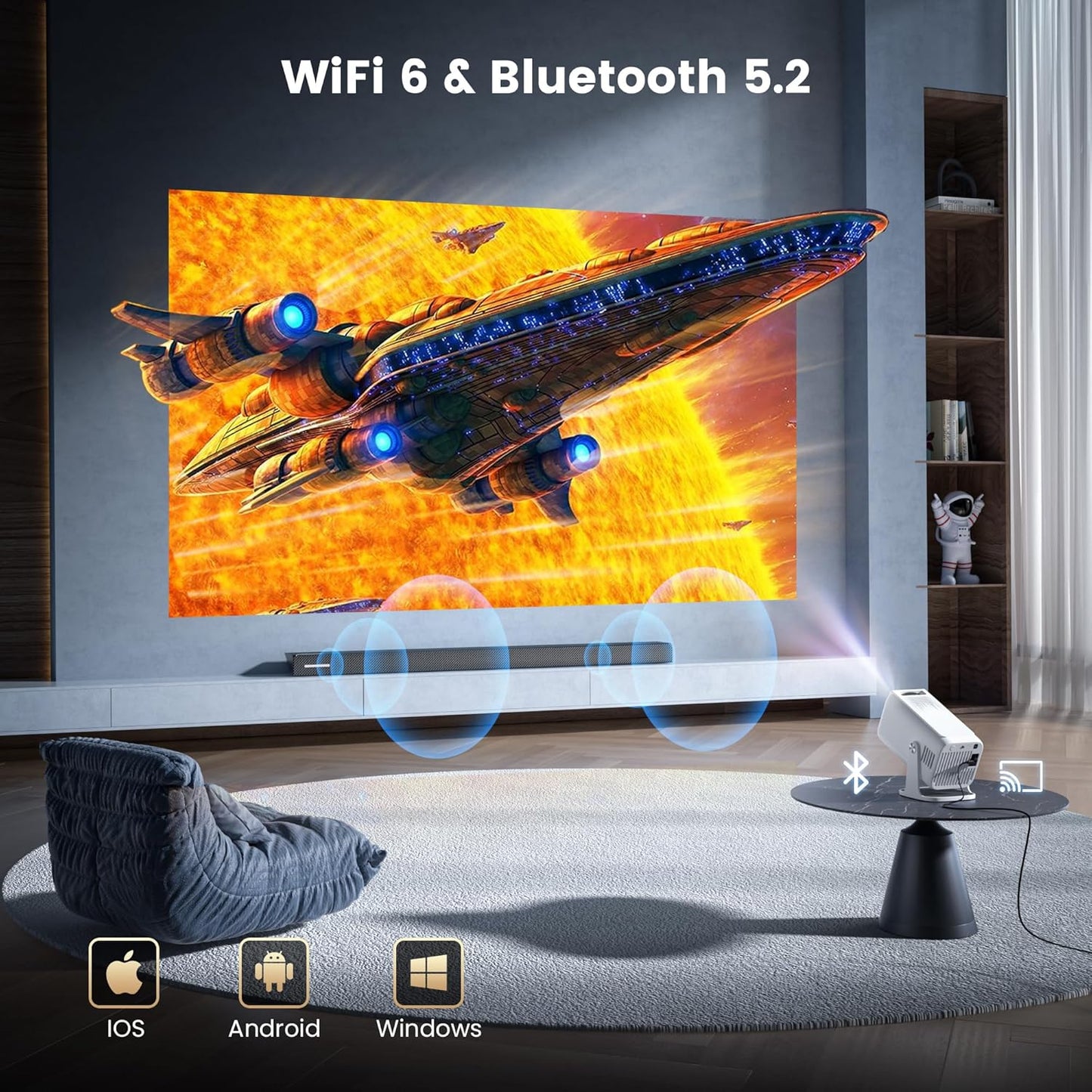 [Built-In Apps ] Mini 4K Projector with Wifi and Bluetooth, Native 1080P Smart Portable Movie Projector with 270°Rotatable Stand, Android 13 OS, Auto Keystone, Support Big Screen for Home Bedroom