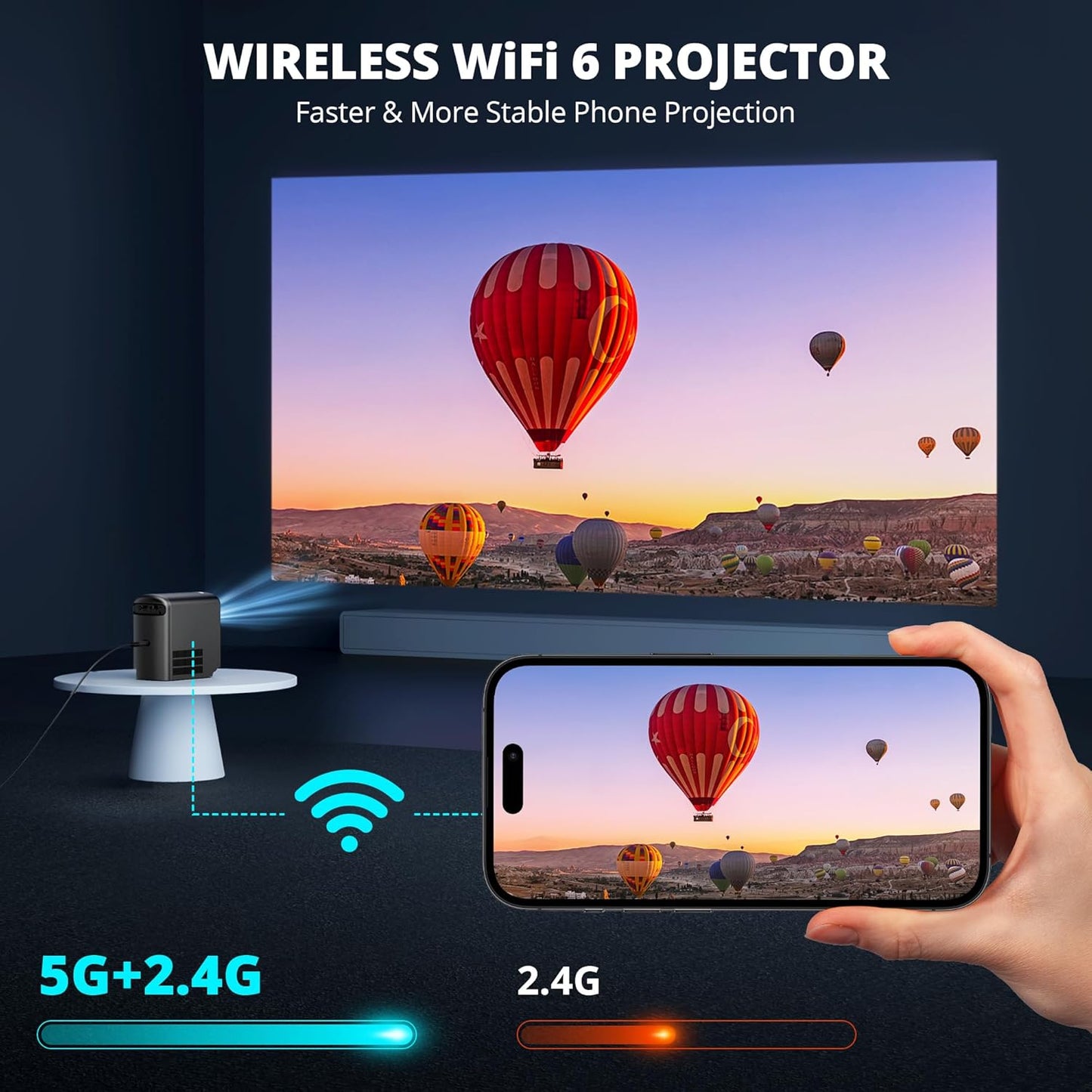 Wireless Mini Projector with Wifi and Bluetooth 5G, Portable Projector Support 4K Movie Video Projection, Electric Focus 350ANSI Phone Projector Home and Outdoor Cinema with HDMI Cable