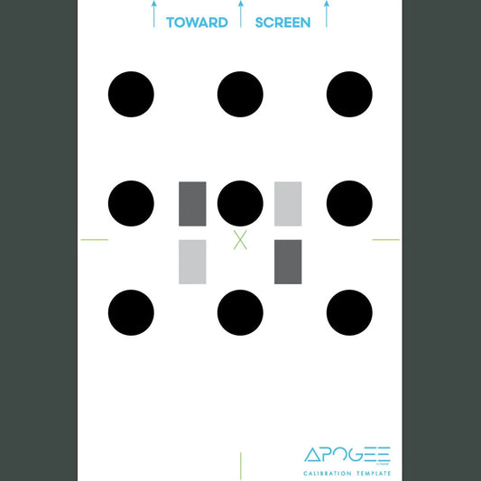 Calibration chart for APOGEE golf simulator accessory by TruGolf, showing detailed grid and measurement markings.