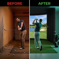 DIY Golf Simulator Impact Screen Frame Enclosure Kit Set, Use with Simulators, Durable Fabric with Velcro, Reinforced Black Border, 9.8'X9.8'X4.9' — Before & After
