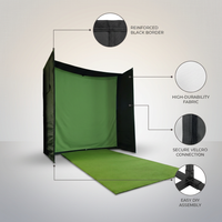 DIY Golf Simulator Impact Screen Frame Enclosure Kit Set, Use with Simulators, Durable Fabric with Velcro, Reinforced Black Border, 9.8'X9.8'X4.9' — infographic