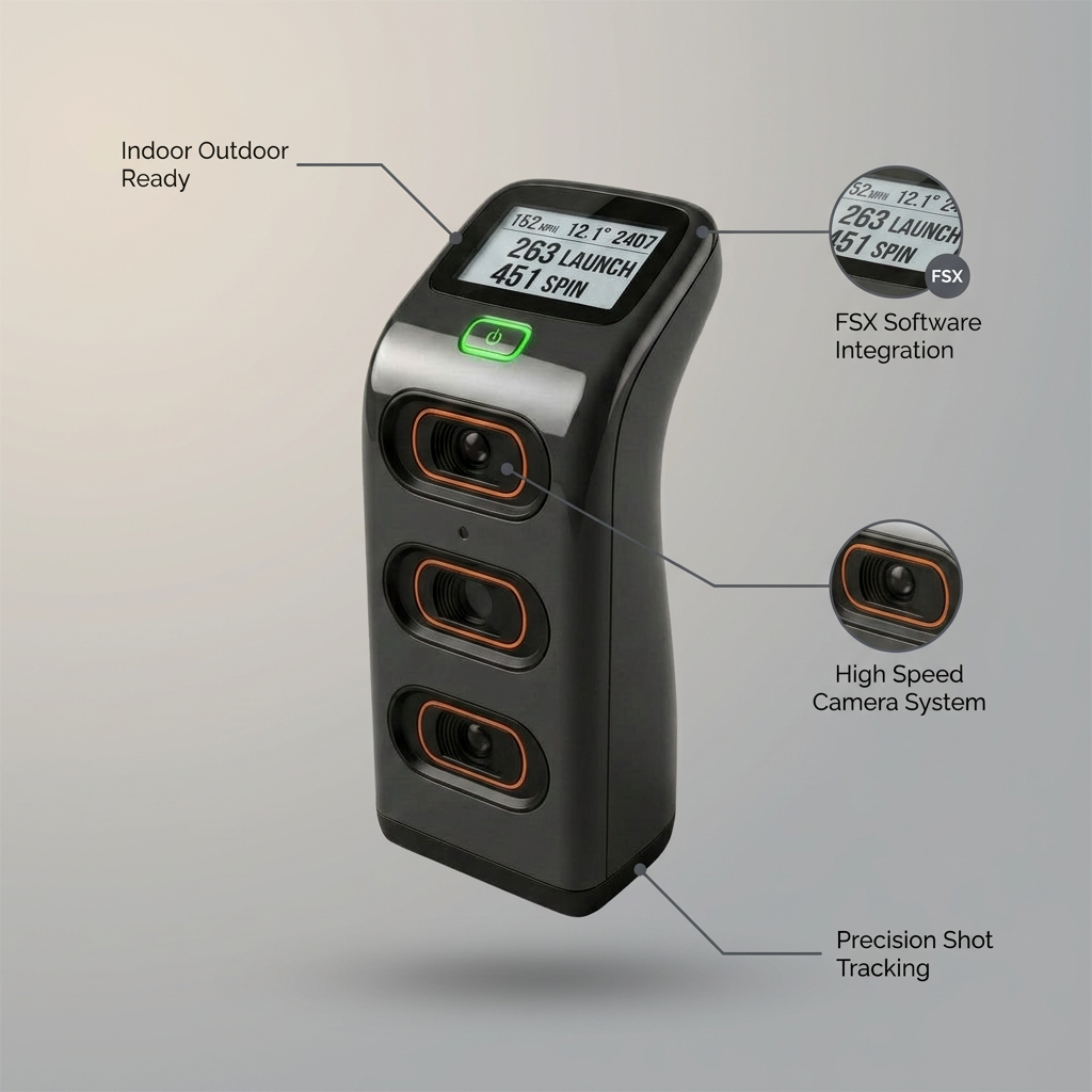 Golf Launch Monitor Built for Precision Practice, High Speed Cameras, Indoor Outdoor Setup, FSX Software — infographic