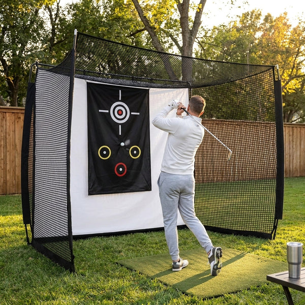 Golf Practice Net Built for Indoor Outdoor Training, 10x8ft Impact Screen, Target Cloth, Heavy Duty Frame