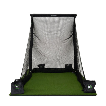 Front view of The Net Return MiniPro golf net with turf, showcasing its compact design and sturdy frame for indoor and outdoor practice.