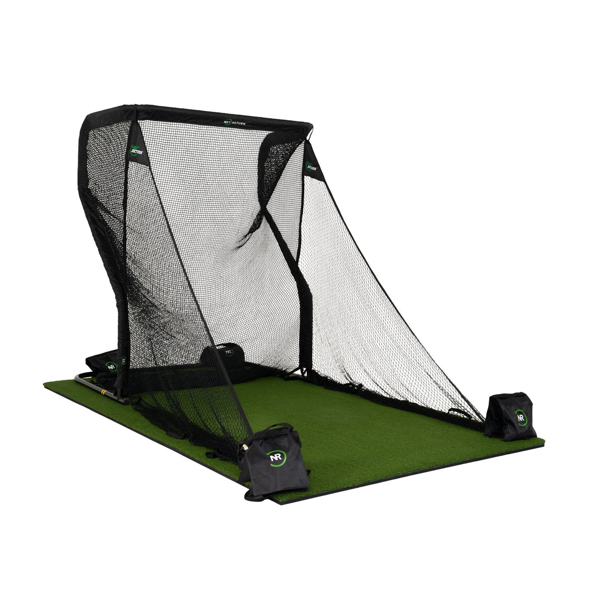 The Net Return Mini Package golf net setup on turf with side barriers, designed for indoor and outdoor golf practice.