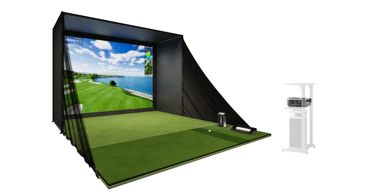 GOLFJOY PGS Personal Golf Simulator setup with screen and hitting area for indoor golf practice and gameplay.