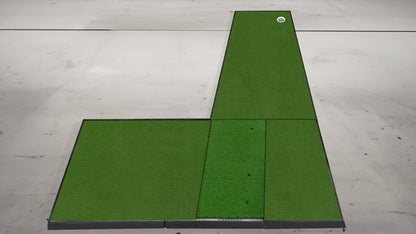 The Net Return Pro 9 No Fly Zone Package golf net with platinum turf mat and sturdy frame for practice at home or in the backyard.