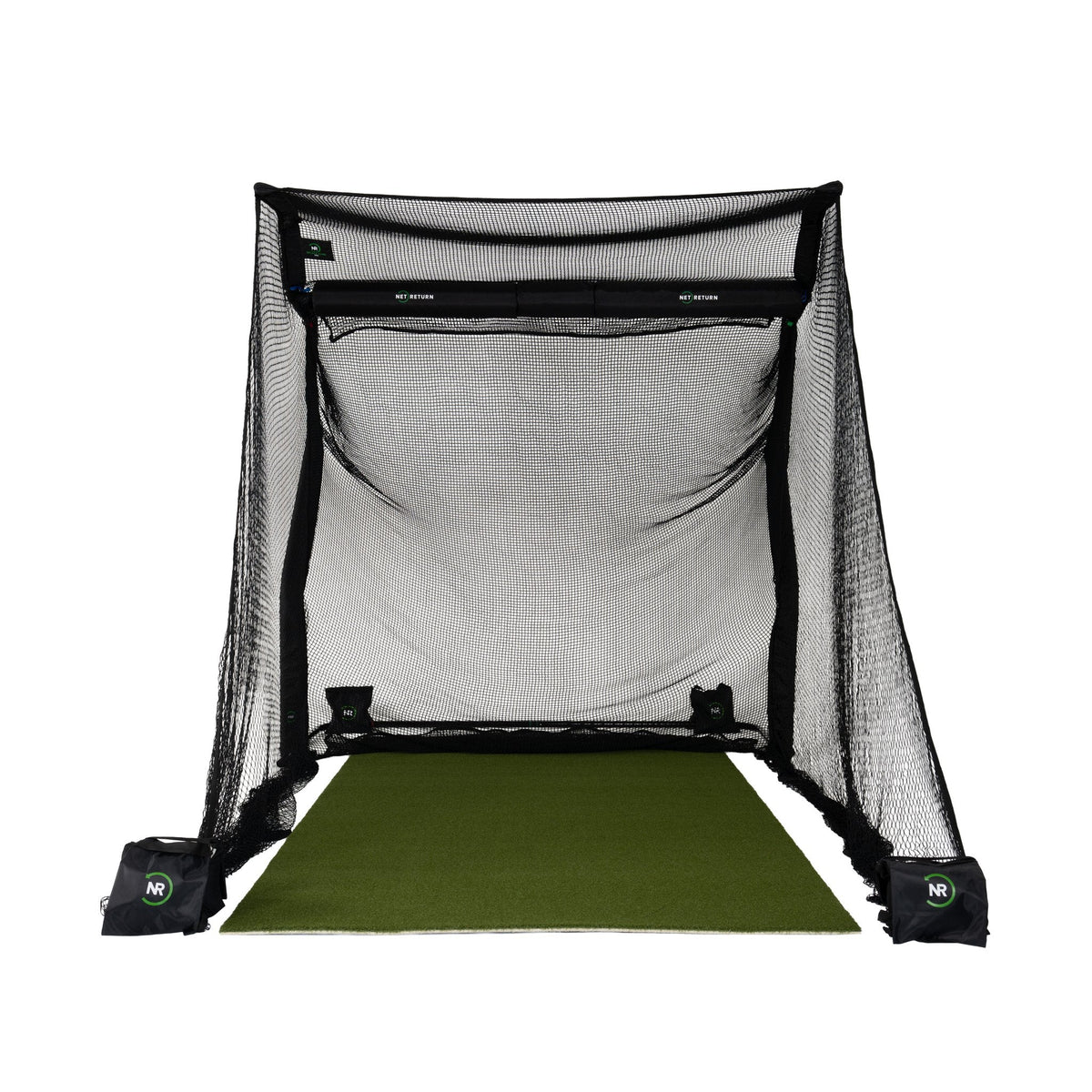 Front view of The Net Return Pro No Fly Zone golf net package, showcasing durable net setup for golf practice at home or on the course.