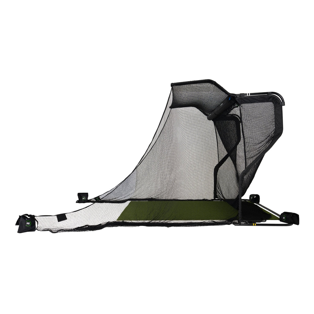 The Net Return Pro 10 No Fly Zone golf net package shown from the side, featuring sturdy frame and net for golf practice.