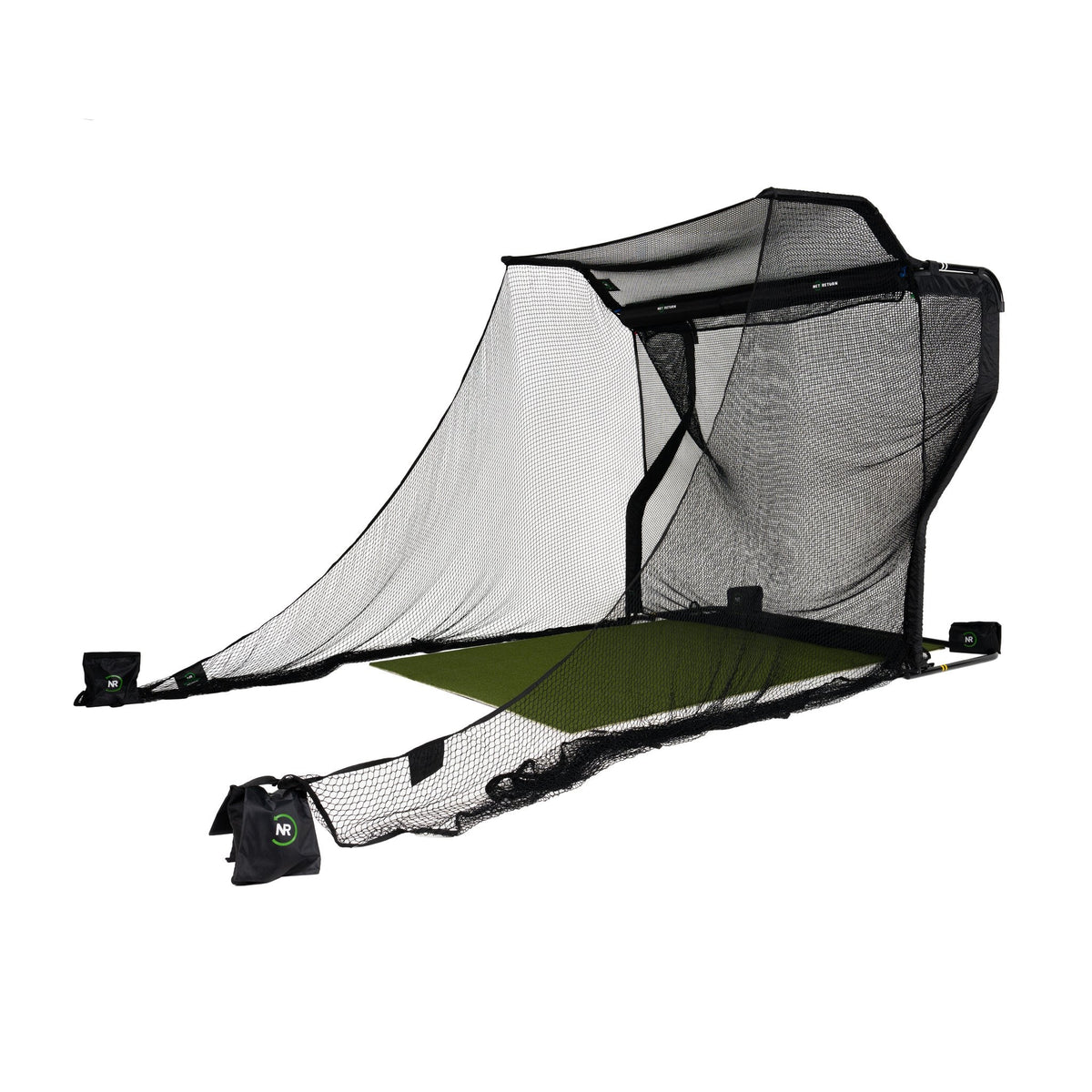 The Net Return Pro No Fly Zone golf net package with sturdy frame and netting, shown from an angled view for indoor or outdoor practice.