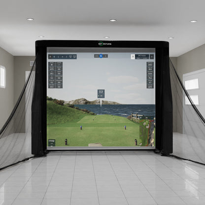 Golf training aid The Net Return Simulator Bay 8 with net and hitting area for practice and swing analysis.