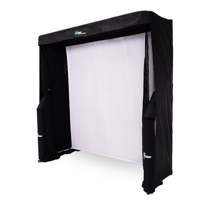 The Net Return Simulator Bay 12 golf training aid with a large screen displaying golf swing analysis and practice setup.