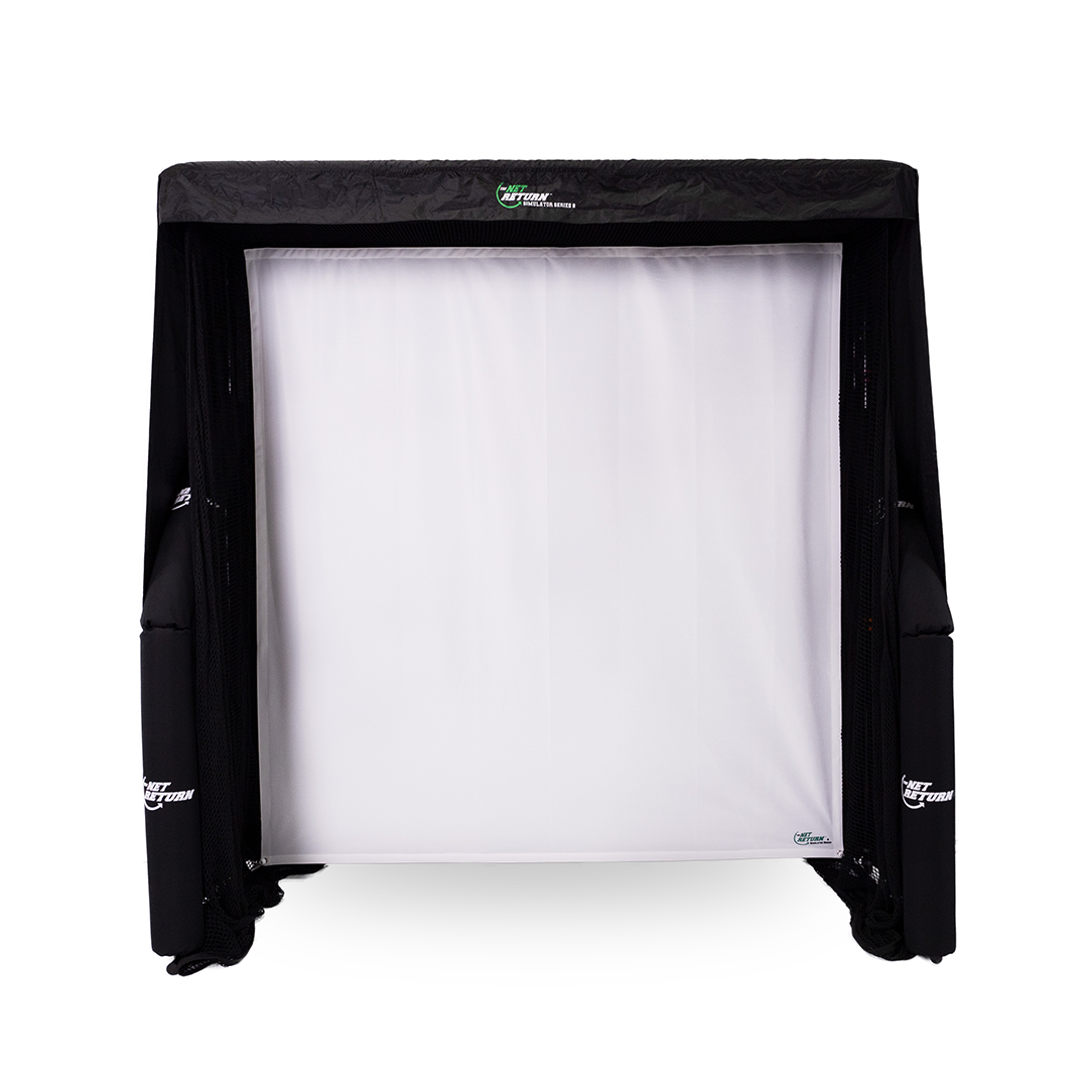 Golf training aid: The Net Return Simulator Bay 10 with screen setup for indoor golf practice and swing analysis.