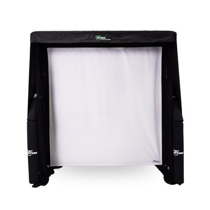 Golf training aid: The Net Return Simulator Bay 10 with screen setup for indoor golf practice and swing analysis.