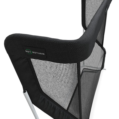 Golf training aid featuring The Net Return Pro XL Net with a spacious hitting area and durable frame for practice.