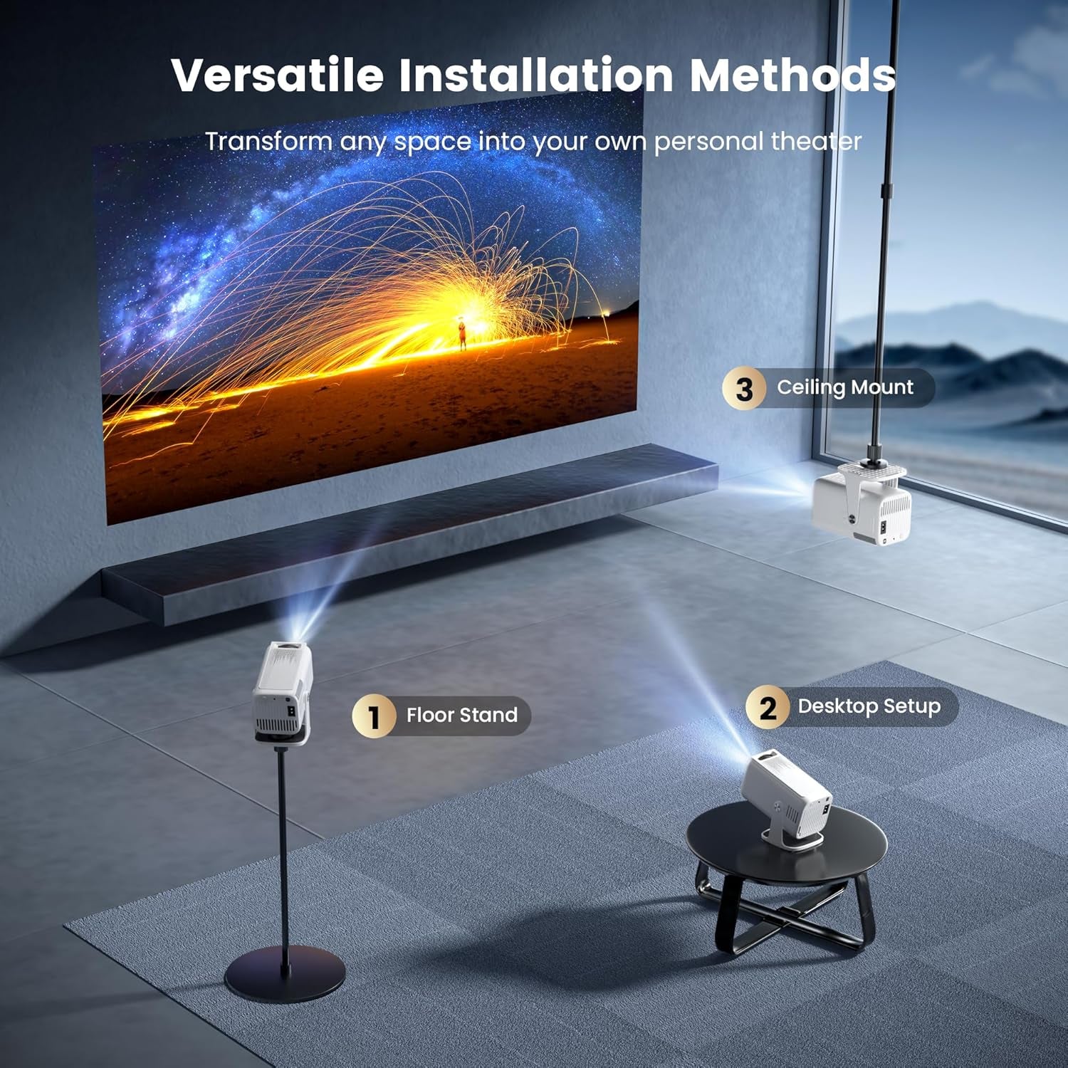 [Built-In Apps ] Mini 4K Projector with Wifi and Bluetooth, Native 1080P Smart Portable Movie Projector with 270°Rotatable Stand, Android 13 OS, Auto Keystone, Support Big Screen for Home Bedroom