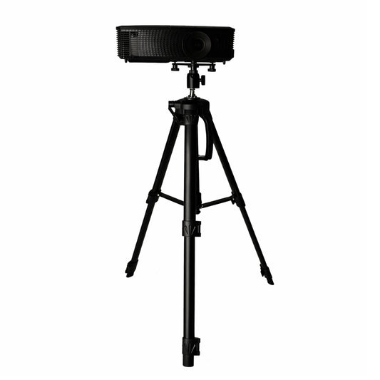 Impact Sports tripod projector stand for golf simulator, adjustable accessory supporting projector setup in a home or golf simulation space.