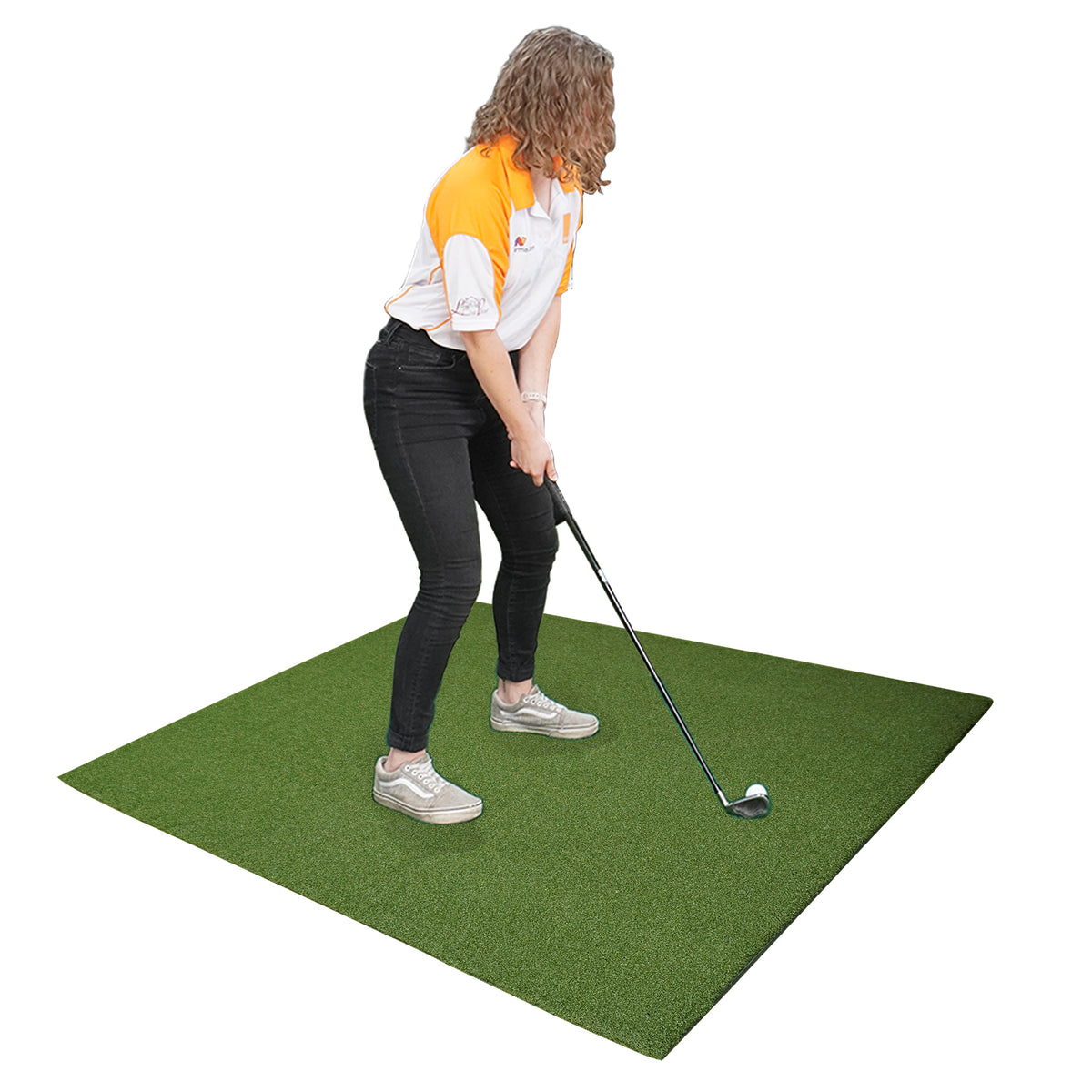 Impact Sports golf hitting mat, 59x59 inches, showing textured surface and impact zone for practicing golf swings outdoors.