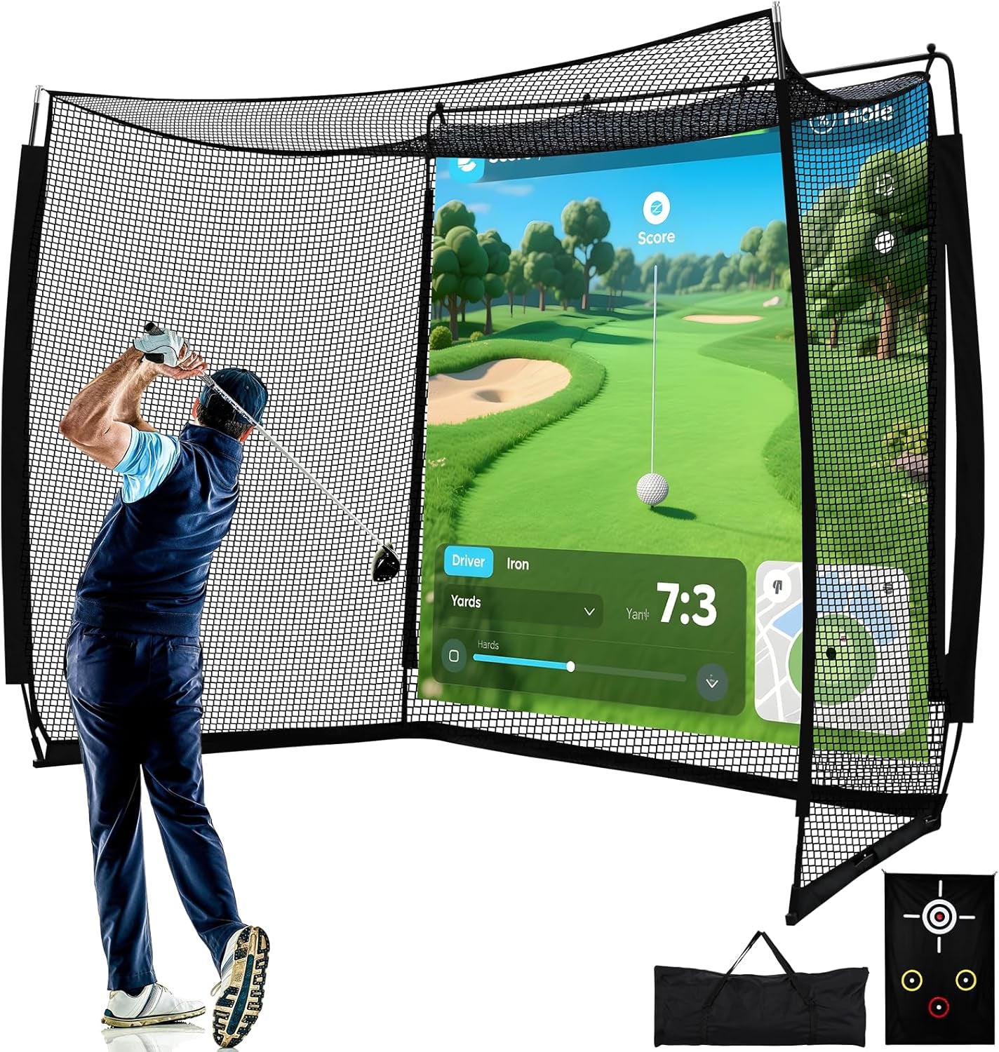 Golf Net with Simulator Impact Screen and Target Cloth, 10X8Ft Golf Practice Net for Backyard, Portable Heavy Duty Golf Hitting Net for Outdoor Indoor