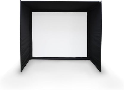 Impact Sports golf simulator enclosure with black mesh sides and sturdy frame, designed for indoor golf practice.