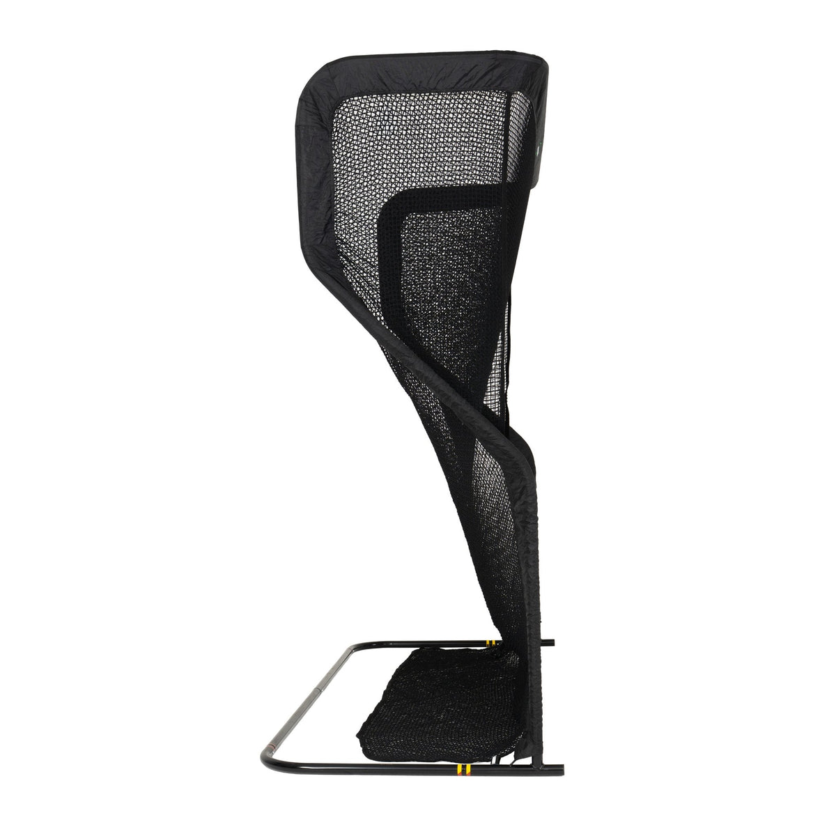 Side view of The Net Return Pro 9 golf training aid, showing its sturdy frame and large hitting net for golf practice.