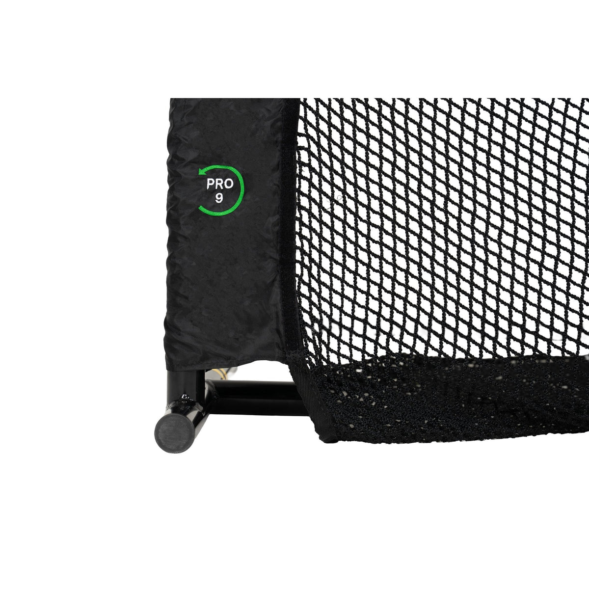 Close-up of The Net Return Pro 9 Net golf training aid showing durable netting and sturdy frame for practicing golf swings indoors.